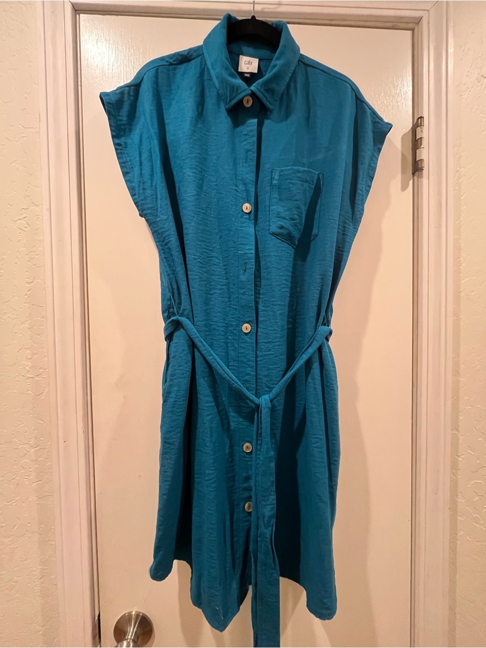 CAbi Teal Sleeveless Shirt Dress with Waist Tie
